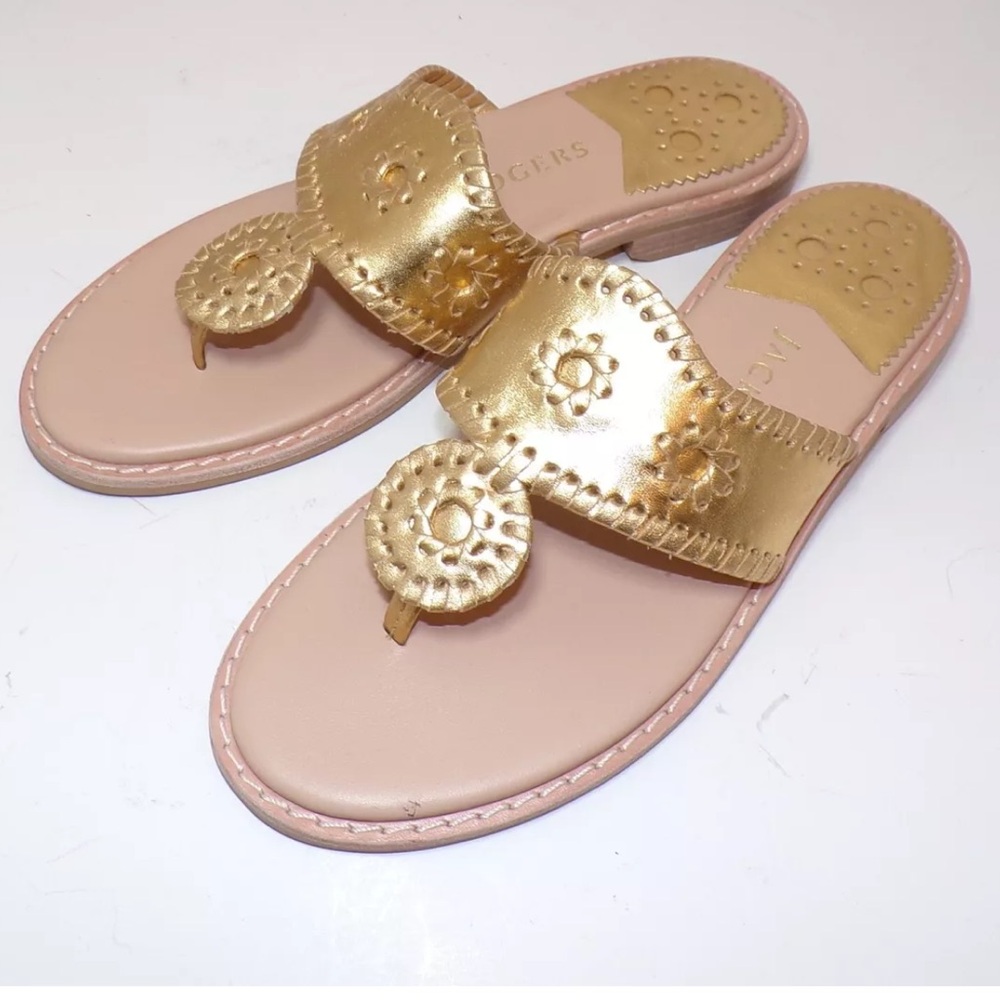 Jack Rogers Women’s  Gold Platinum Tan Flat Leather Thong Sandals Size 5.5